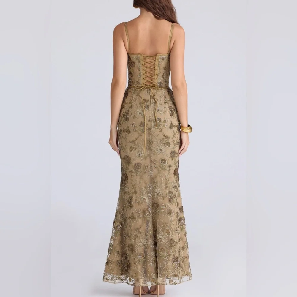 House Of CB Elegant Gold Floral Embroidered Gown - Picture 2 of 16